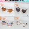Four pairs of heart-shaped sunglasses in various tints displayed on a table, labeled 5 to 8, with "LingCraftsCO" above.