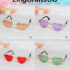 Four heart-shaped sunglasses in gradient, purple, red, and green lenses, labeled with numbers 13 to 16, by LingCraftsCO.