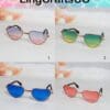 Four pairs of heart-shaped sunglasses with gradient lenses: blue-pink, green-yellow, blue, and pink, labeled 1 to 4.