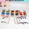Colorful heart-shaped sunglasses and clear glasses arranged on a white surface with LingCraftsCO logo above.