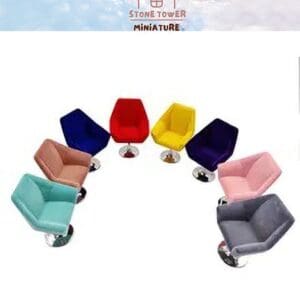 Seven colorful miniature swivel chairs arranged in a circle.