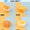 Four miniature pastries displayed with dimensions, labeled #09 to #12, on a two-tone background.