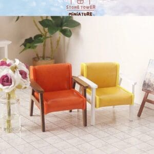 Two miniature chairs, one orange and one yellow, on a tiled floor with a vase of flowers and a potted plant.