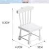 White miniature chair with dimensions: height 8.3cm, width 4.2cm, depth 5cm. Background features a logo and blue design.