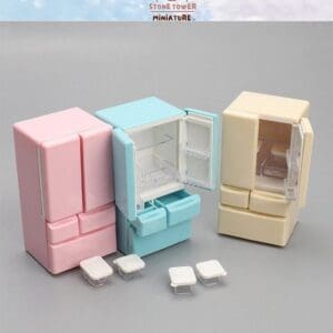 Three miniature fridges in pink, blue, and yellow with open doors, featuring tiny containers in front.