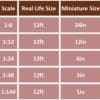 Table showing scale conversions from real life size (12ft) to miniature sizes (24in, 12in, 6in, 3in, 1in).