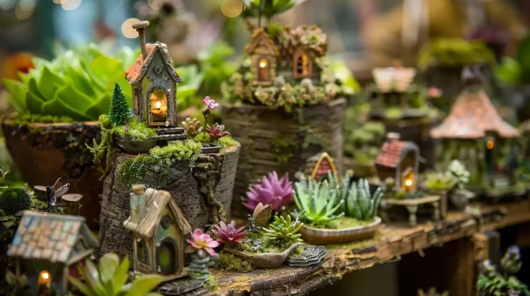Miniature fairy garden with tiny lit houses, succulents, and moss-covered logs in a whimsical outdoor scene.