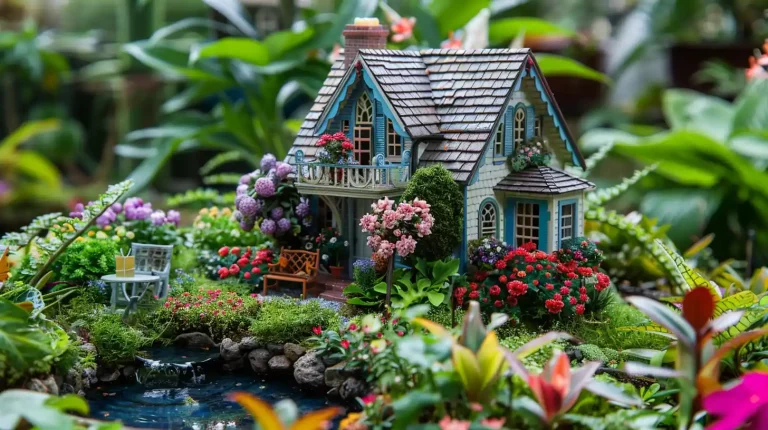 Miniature cottage with flowers, shrubs, and a pond in a lush garden setting.