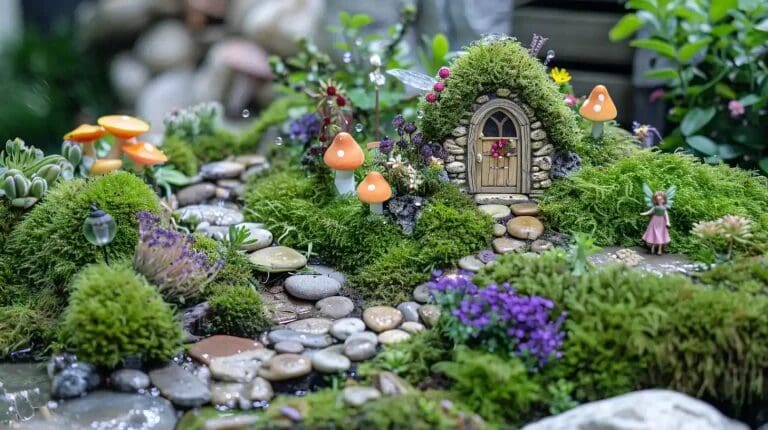 Miniature fairy garden with moss, colorful mushrooms, a stone house, and a small fairy figure.