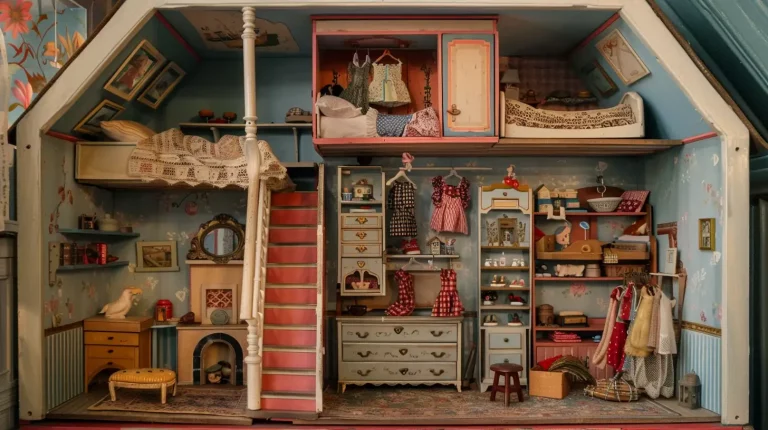Victorian-style dollhouse with detailed rooms, furniture, clothing, and decor, showcasing a cozy, miniature household scene.