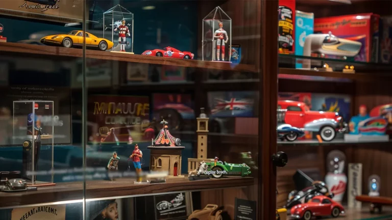 Glass display with miniature cars, figures, and retro toys on shelves, set against a wooden backdrop.
