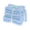 A stack of folded, light blue towels tied with a matching ribbon on a white background.