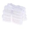 Stack of white washcloths tied with a satin ribbon against a white background.