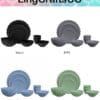 Four sets of scalloped dishes in black, gray, blue, and green are displayed under a LingCraftsCO banner.