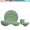 Mint green scalloped dinnerware set, featuring plates and bowls in various sizes, with a subtle textured pattern.