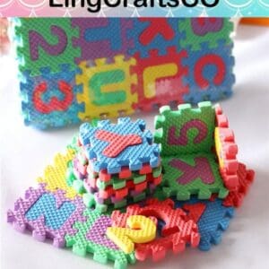 Colorful foam puzzle pieces with numbers and letters from LingCraftsCO, arranged to form a cube and flat mat.