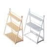 Two wooden A-frame shelves, one natural wood and one white, each with three slatted tiers, displayed side by side.