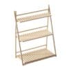 Three-tier wooden shelf with slatted design on an A-frame, suitable for decor or storage.