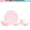 Set of pink scalloped dishes and bowls from LingCraftsCO, displayed against a colorful background.