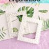 Two pearl-encrusted rectangular frames on a tropical leaf-patterned background, featuring LingCraftsCO branding.