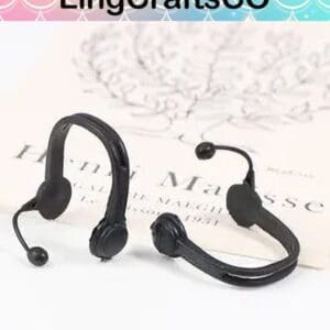 Black miniature headsets displayed on a page with blurred text and a geometric background labeled "LingCraftsCO.