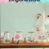 Four small glass cups with pink floral designs on a wooden shelf, background shows "LingCraftsCO" logo.