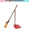 Miniature broom and dustpan set with brown handles and red dustpan on a white background.