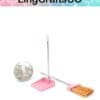 Miniature pink broom and dustpan set next to a coin for scale, by LingCraftsCO.