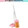 Pink toy broom and dustpan set with silver handles, standing upright on a white background.