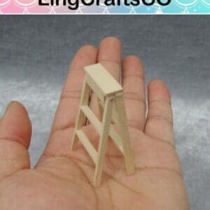 A small wooden ladder model held in an open hand, with a colorful "LingCraftsCO" banner above.