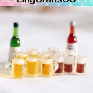 Miniature beer mugs and bottles with colorful backgrounds, labeled LingCraftsCO.