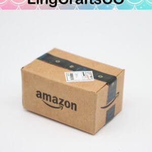 Small Amazon package with branded tape, resting on a plain surface. LingCraftsCO logo visible above.