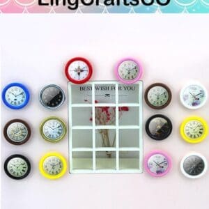 Colorful miniature clocks arranged around a decorative window mirror with a "Best Wish For You" message.