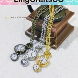 Assorted clock pendants on chains atop a wooden stand, displaying different time designs. Text: "Have a good time".