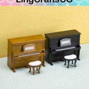 Miniature brown and black pianos with matching stools on a pastel surface. LingCraftsCO logo above.
