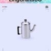Silver metallic kettle with black handle and lid knob, displayed on a light blue background.